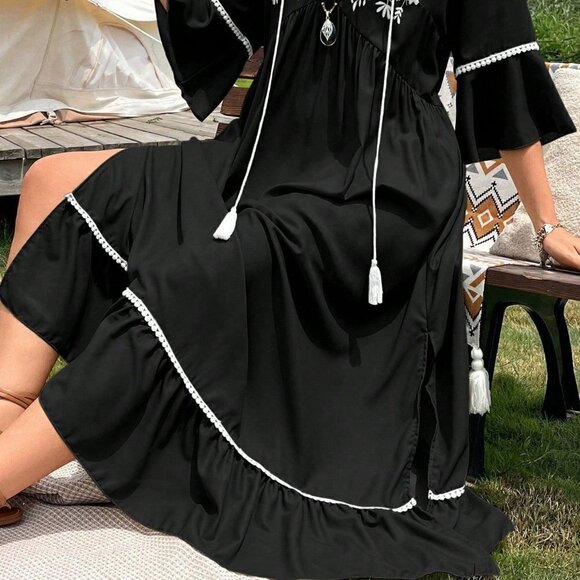 Black Boho Womens Floral Print Tassel Tie Neck Ruffle Hem Dress - Picture 3 of 5